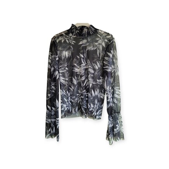 ZARA Semi-Sheer Mesh Floral High Neck Bell Sleeve Top in Black & White size S - Picture 2 of 7